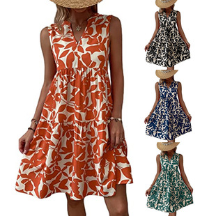 2023 Amazon independent station Foreign Trade women's clothing bohemian fashion loose V-neck pleated print dress women