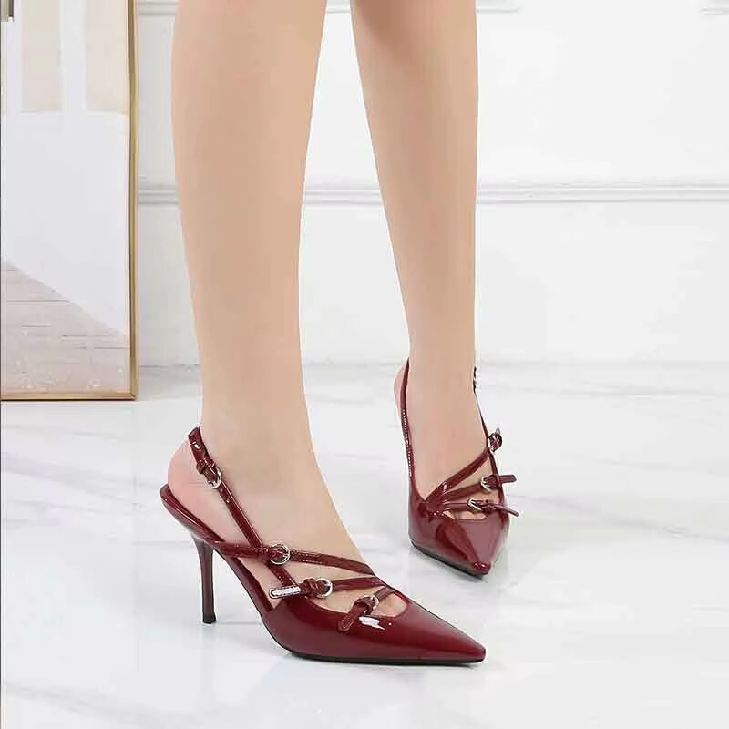 Yiciy Women's Ultra High Heels 5inch Thin Heel Cross Strap Buckle with Patent Leather Upper, Pointed Toe, Non-Slip, Lightweight