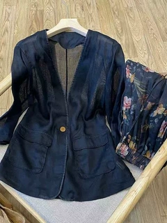 NUNBAI品牌专柜撤货女装夏季亚麻一粒扣V领西装七分袖防晒薄款西