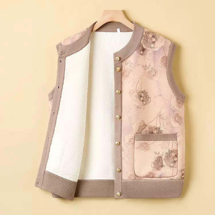 秋冬装新款内搭坎肩加厚中老年马甲中老年女装加绒印花马甲外套