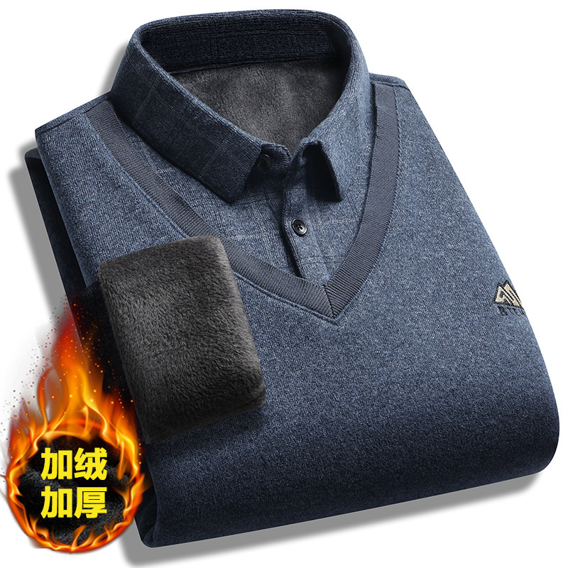 Autumn and Winter Clothing for Middle-Aged Men, Long-Sleeved T-Shirts, Velvet Thickeneded Knitwears, Middle-Aged and Elderly Men's Bottoming Shirts, Dad's Warm Knitwears