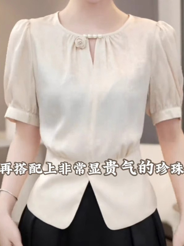 2025夏季新款小香风短袖雪纺衫女短款修身别致上衣设计感显瘦衬衫|undefined