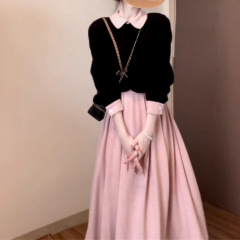 粉色背心连衣裙子女秋冬季穿搭一整套小香富家千金高级感套装长裙