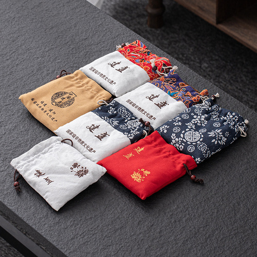 Cotton linen cotton thickened Jianzhan bag cloth bag single cup bag drawstring bag pocket handmade cup bag wholesale logo printing 