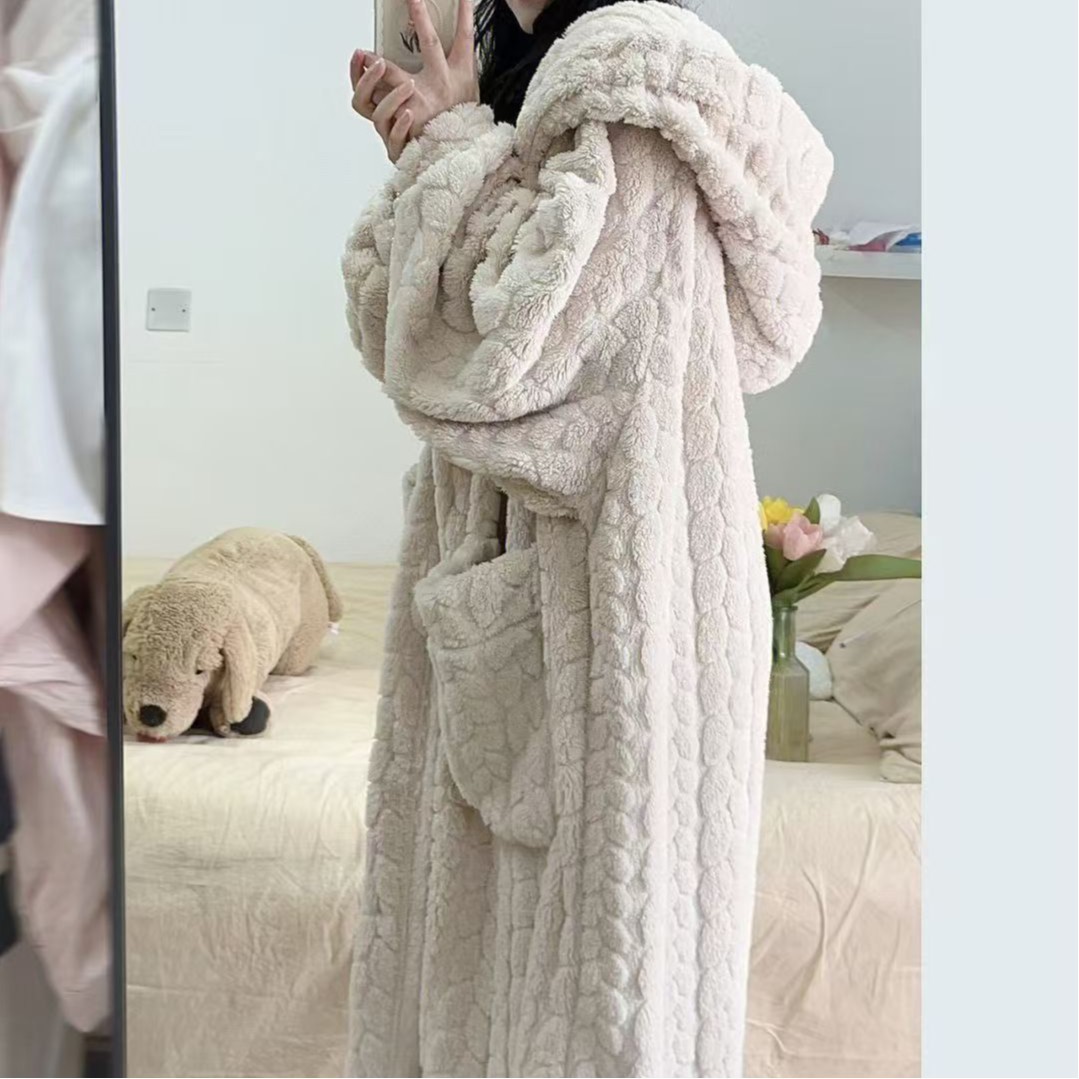 韩版纯色简约风珊瑚绒睡衣女秋冬季连帽中长款睡袍可外穿家居服-阿里巴巴