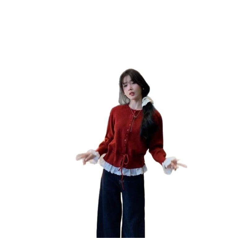 韩系荷叶边设计感毛衣女开衫2025春秋季新款洋气圆领针织上衣外套|undefined