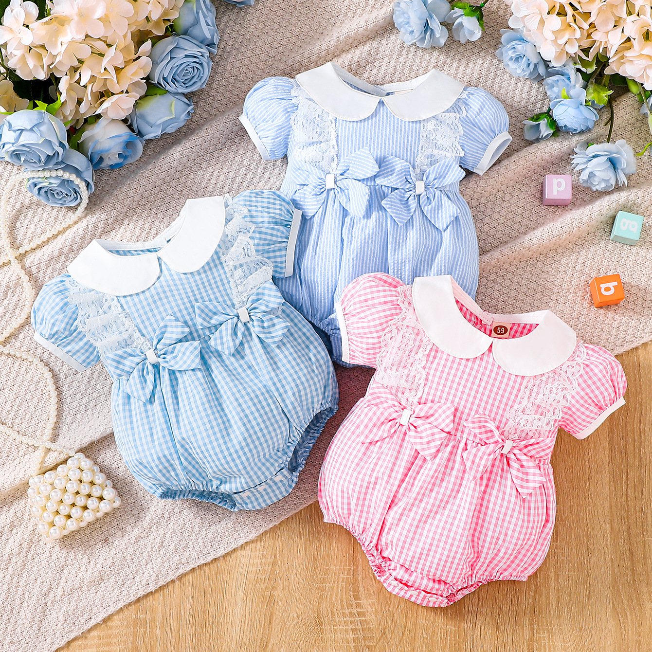 Cross-Border Children's Clothing Baby Triangle Jumpsuit Summer Style Baby Girl Bow Embroidered Plaid Small Flying Sleeves Baggy Hoodie