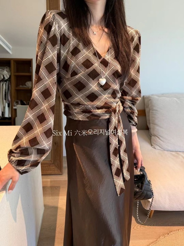 复古格子撞色气质款绑带V领长袖T恤女2025秋季新款设计感网纱衬衫|undefined