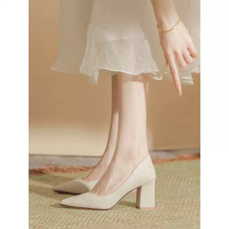 Французские телесные туфли на высоком каблуке для женщин, новинка 2025 года, мягкая кожа, 5cm женских туфель-лодочек на толстом каблуке, не утомляющих