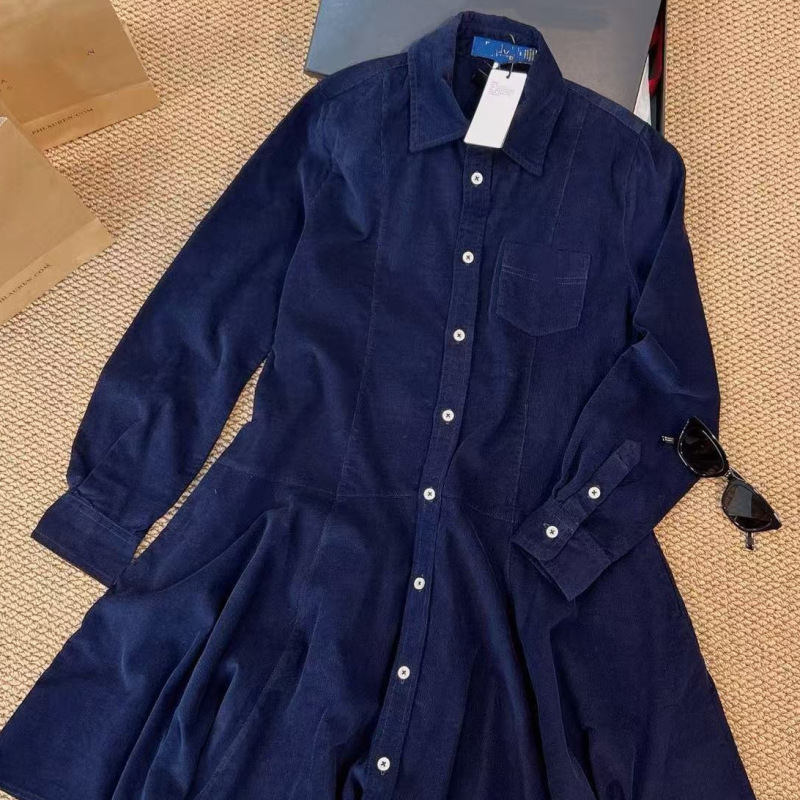 Little Malafu's New Autumn and Winter Classic Retro Embroidered Corduroy Dress with a Turn-Down Collar, Pockets, and Long Sleeves