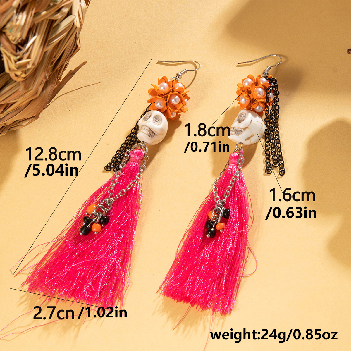 27g Weight Alloy Ear Needle Material Drop Earrings Classification 1 Pair Quantity Holiday, Daily Occasion Alloy, Resin Material Halloween Festival Tassel, Skull Pattern Women's Gender Plating Design Elegant, Streetwear Style 1 Pair Halloween Elegant Streetwear Tassel Skull Plating Alloy Resin Drop Earrings 无