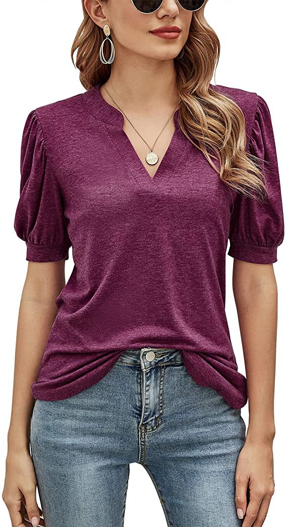 Top Summer Casual V neck Solid Color Puff Sleeve Loose T shirt Women