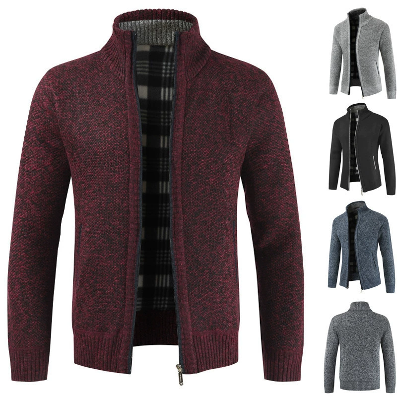 Men’s winter zip sweater coat, knit outer with lined interior, stand collar, M–XXXL