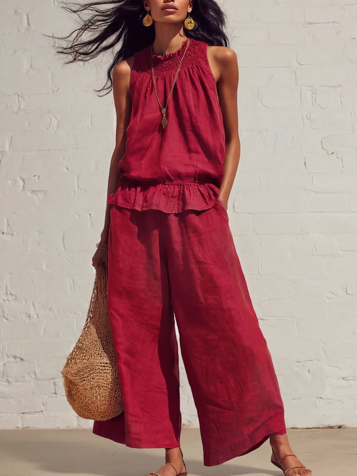 Women's Clothing American Style Women's Ruffled Cotton Linen Two Piece Set Retro Bohemian Spring Summer New Arrivals_ecoleips.com
