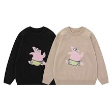 国潮美式复古卡通派大星刺绣毛衣男女款宽松小众设计百搭针织衫