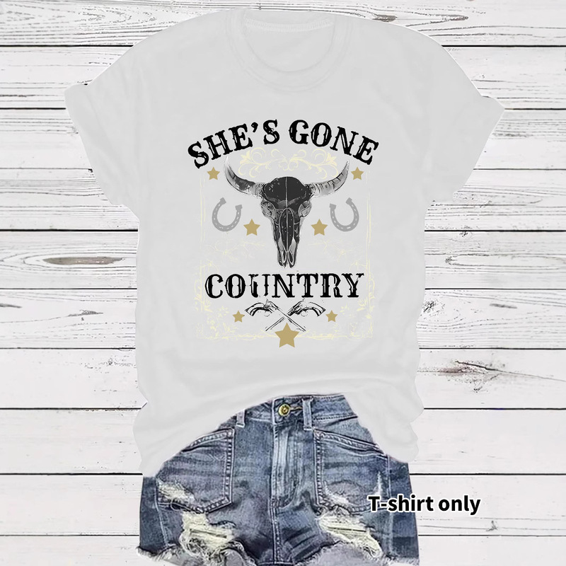 Short Sleeve Women T-Shirt Ladies Western Cowboy Graphic Tee-Shirt - She's Going Country Bull Skull with Stars Design