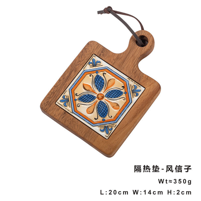 Alfombrilla para ollas con mango de azulejos florales de estilo japonés, almohadilla de aislamiento térmico, alfombrilla antiescaldaduras, posavasos, almohadilla de aislamiento térmico para ollas de sopa y cazuelas domésticas, alfombrilla de madera con aislamiento térmico.