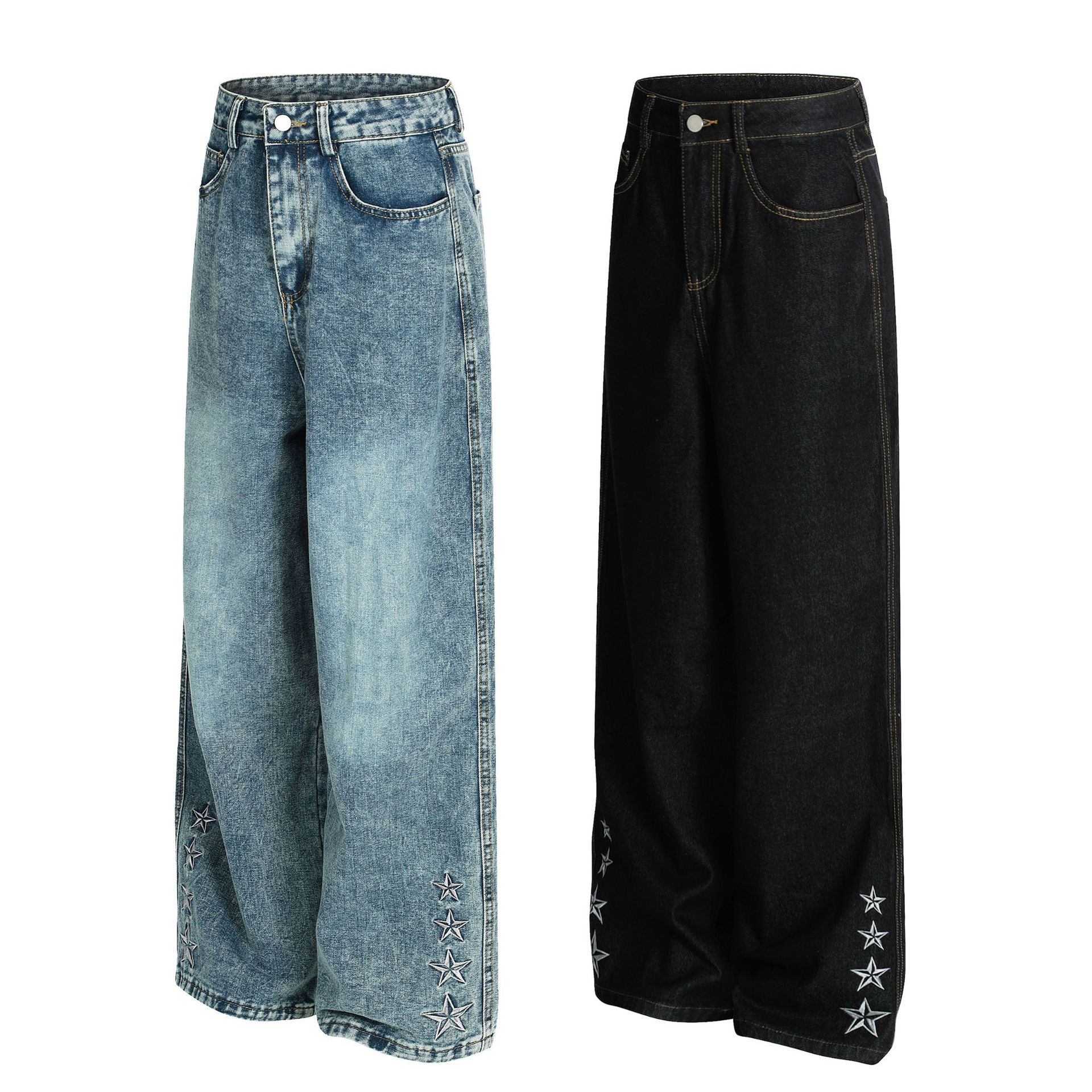 Korean-Style Distressed Washed Wide-Leg Jeans – Embroidered Star Details | Unisex Loose Fit Streetwear Denim Pants (S-XL, Blue/Black)​_mkmklike.com