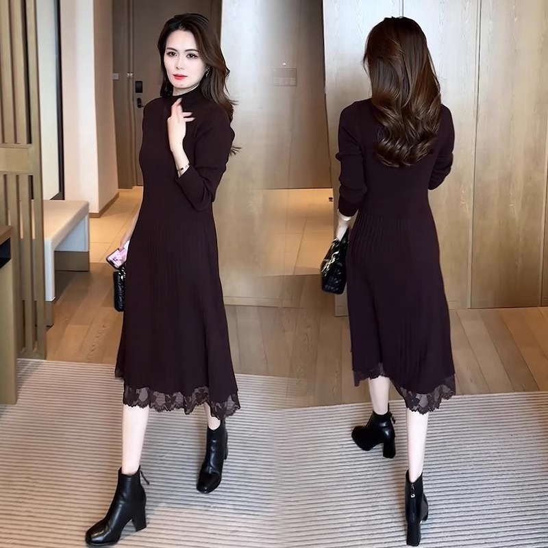 秋冬配大衣过蕾丝针织连衣裙中长款女膝修身显瘦红色毛衣打底裙子|undefined