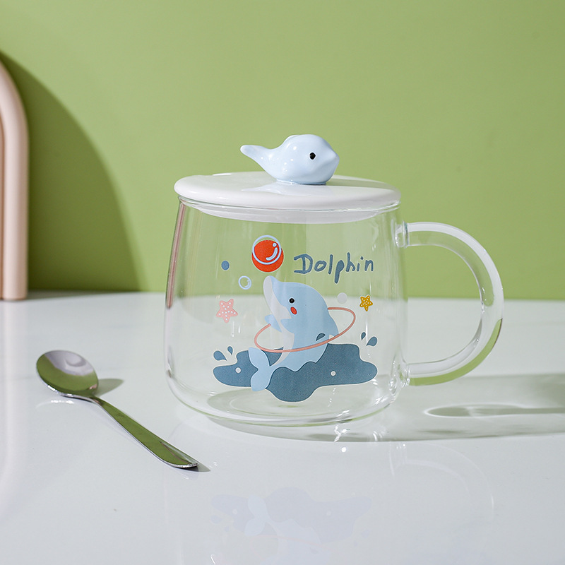 Taza de vidrio resistente al calor taza nórdica oficina en casa pareja delfín taza de agua taza de café de leche con tapa cuchara