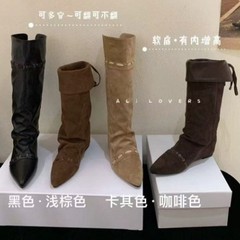废土辣妹 内增高西部牛仔靴女秋冬堆堆长筒靴系带显瘦不过膝长靴