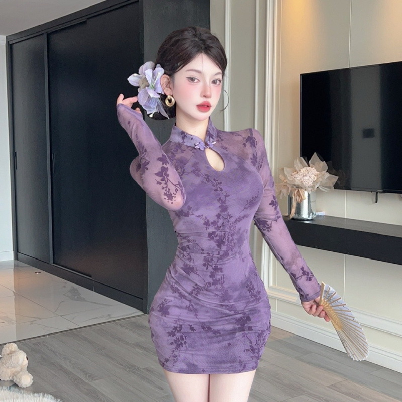 Nightclub 9536 Foot Bath Technician Work Clothes Sexy Mesh Printed Improved Cheongsam Dress Elegant Hip-Hugging Skirt