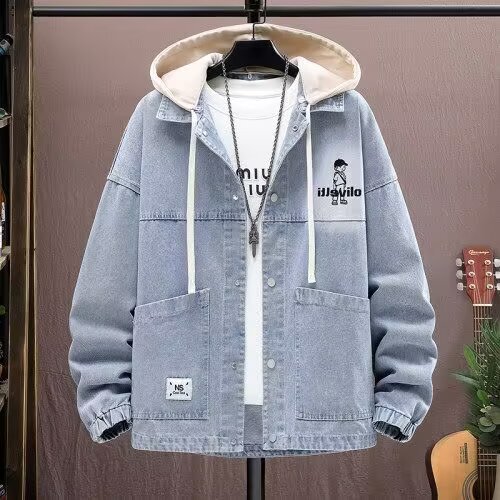 Teen Denim Jacket Spring and Autumn New Style Boys' Junior High School Student Jacket Men's Trendy Men's Hooded Top