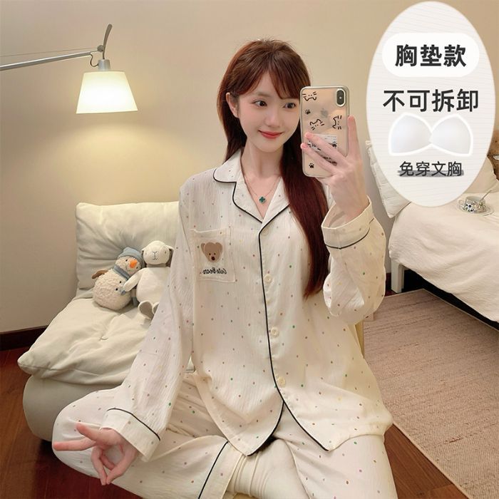Al por mayor transfronterizo de otoño pantalones de manga larga pijamas casuales de mujer con cojín de pecho cardigan cómodo algodón nubes ropa para el hogar encantadora