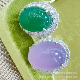 镶嵌款玉髓玛瑙戒指 冰透玉髓宝石 鸽子蛋镶嵌可调节玛瑙指环