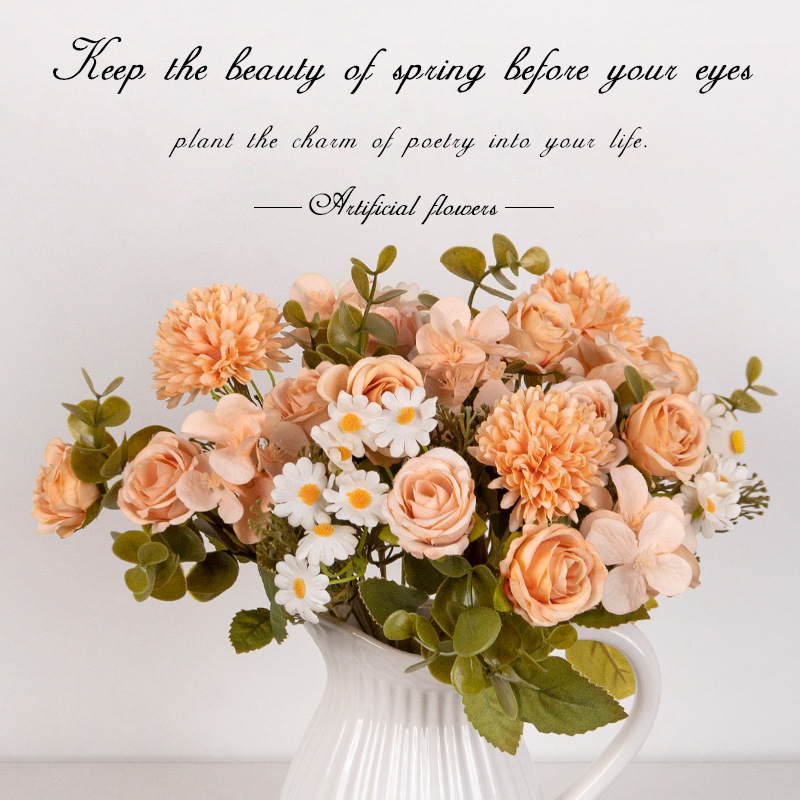 Flor artificial, color otoñal, retro, manguito pequeño, manguito, hortensia de 7 tenedores, arco de boda de rosas, decoración de flores de guía de carreteras, manzanilla de flores falsas