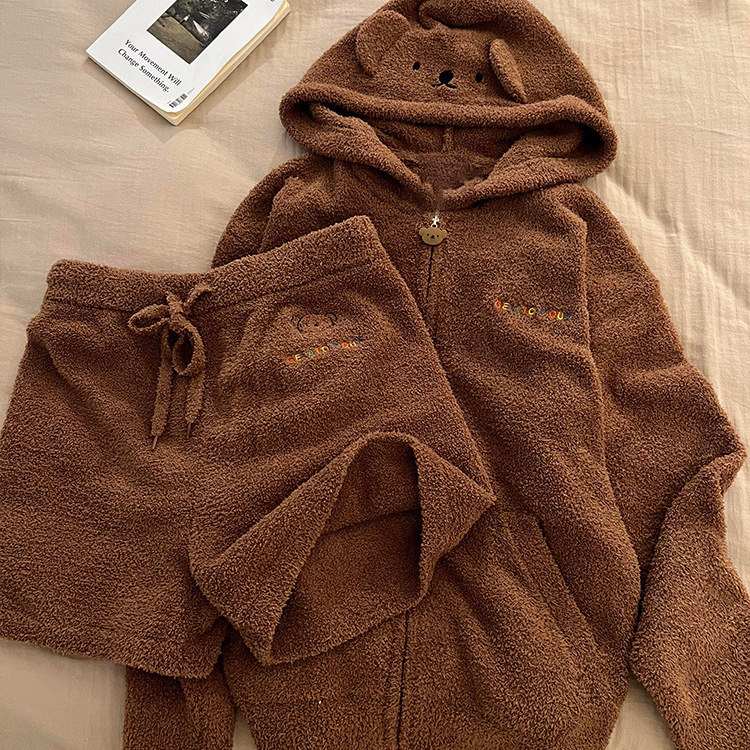 软萌小熊针织连帽半边绒睡衣女秋季新款加厚保暖长袖家居服套装|undefined