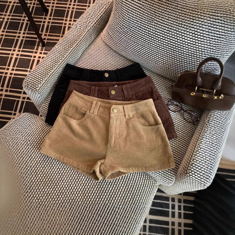 [Factory Ready Stock] Retro Corduroy Khaki Casual Shorts for Women Autum New One-Button Wide-Leg Pants