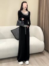 时尚洋气运动休闲套装女春季2025假两件T恤阔腿裤两件套
