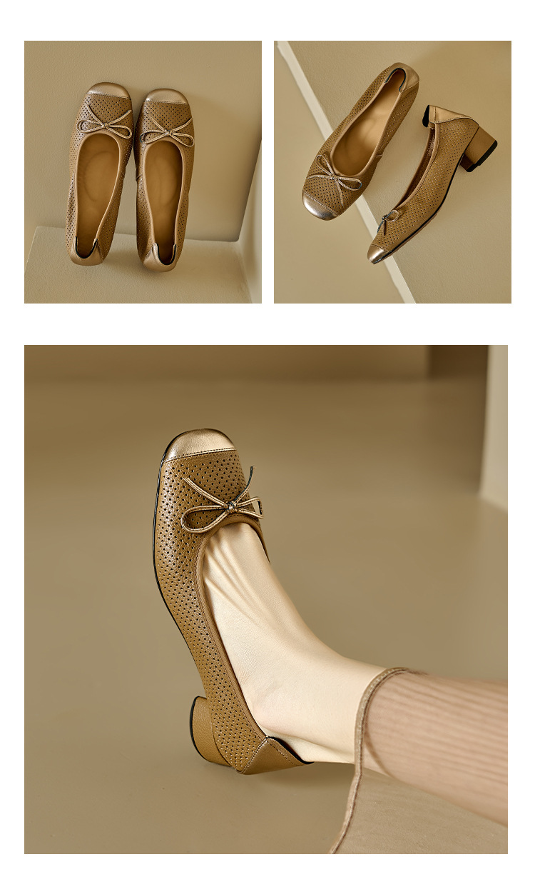 Sandal nữ da cừu miệng nông đục lỗ gót thô thấp phong cách Xiaoxiangfeng — Màu nâu chi tiết 12