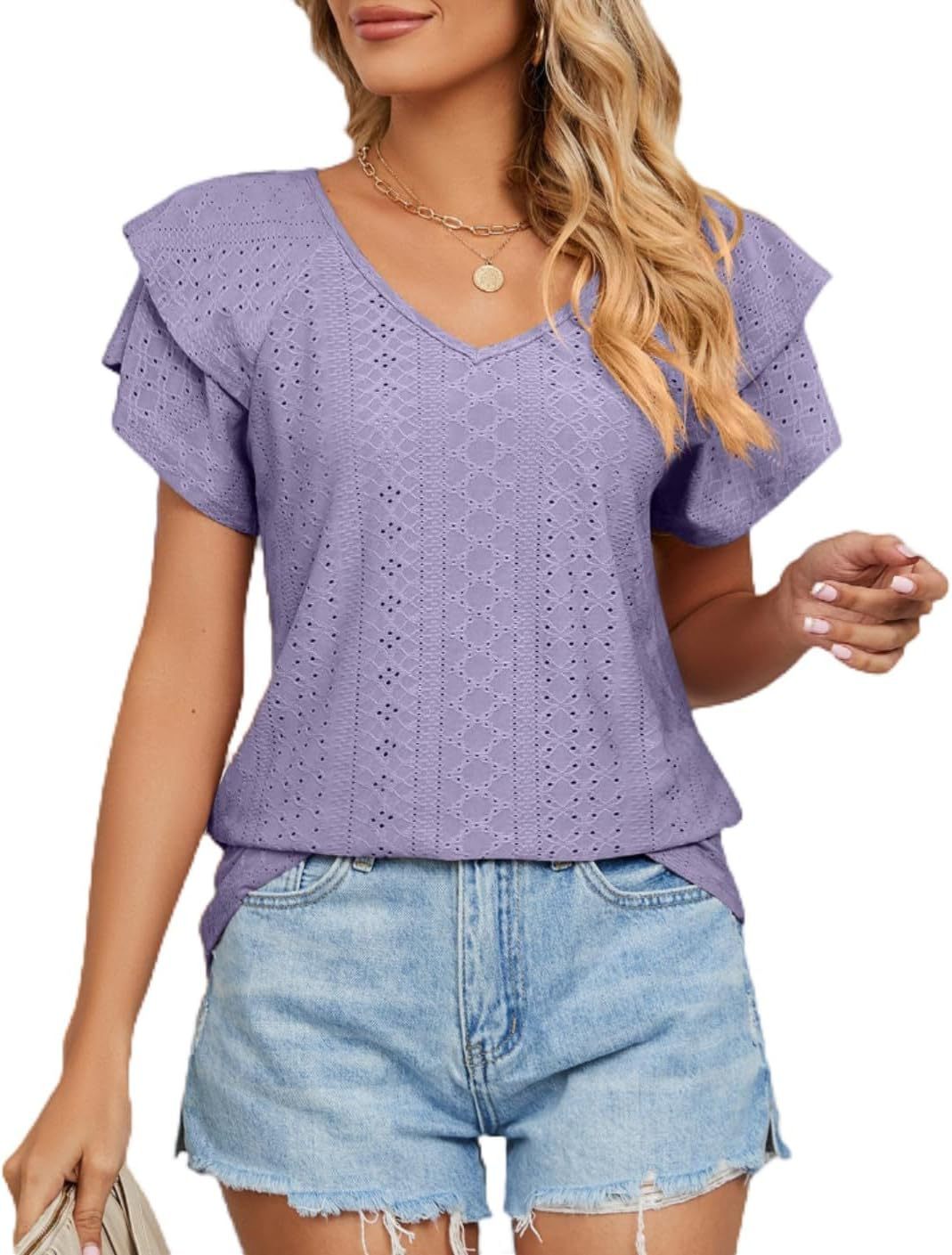2025 transfronterizos Europa y América primavera y verano nuevo cuello hueco collar manga de hoja de loto camiseta de manga corta camiseta casual chaqueta de mujer