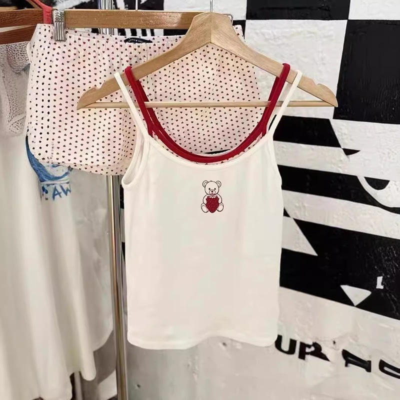 BM Style American Style Llace Collar Strawberry Bear Printed Vest with Sling Women's Bm Hot Girl Slim-fit Slimming Short Top for Summer