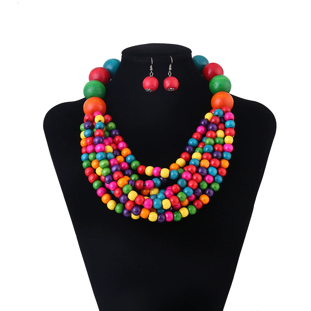 Ethnic wooden necklace, chain, set, accessory, ethnic style