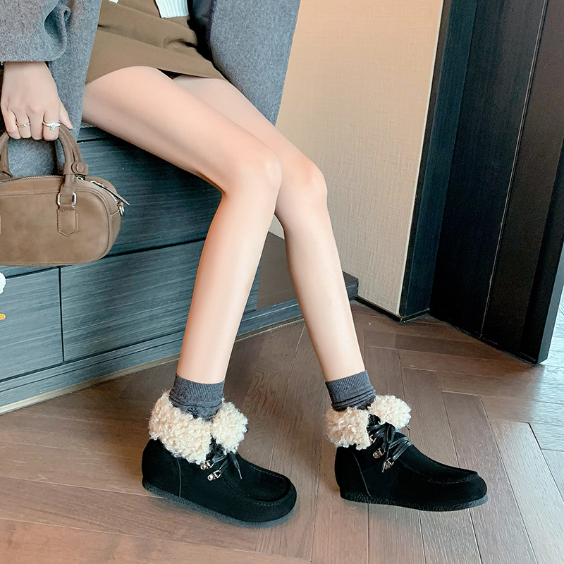 Boot tuyết nữ cổ cao lót lông giữ nhiệt, mũi tròn, dây buộc, tăng chiều cao bên trong — Vàng kem lót đơn, Đen lót nhung, Vàng kem lót nhung, Nâu lót nhung