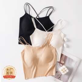 真丝小吊带背心女带胸垫内搭美背文胸一体式纯色打底外穿抹胸上衣