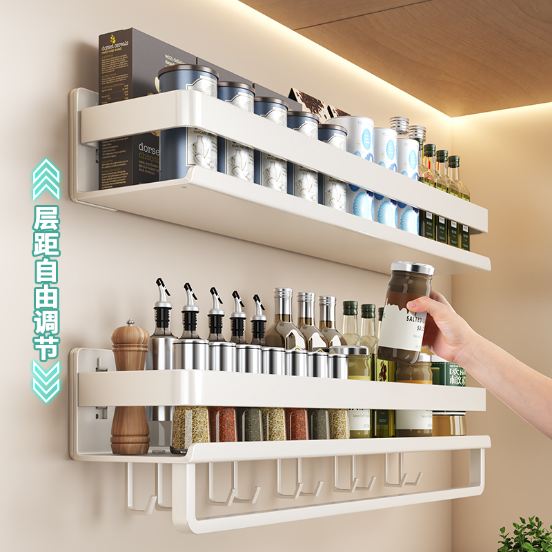 クリームスタイルのキッチン収納ラック白スパイスラックパンチフリー壁掛けスパイス多機能壁収納卸売|undefined