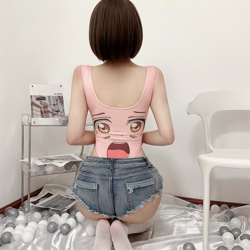 Meow Beauty Sexy Intimates Two-Dimensional Jumpsuit Printed Expression Dead Water Open Crotch No Need to Take Off Sexy Denim Underwear