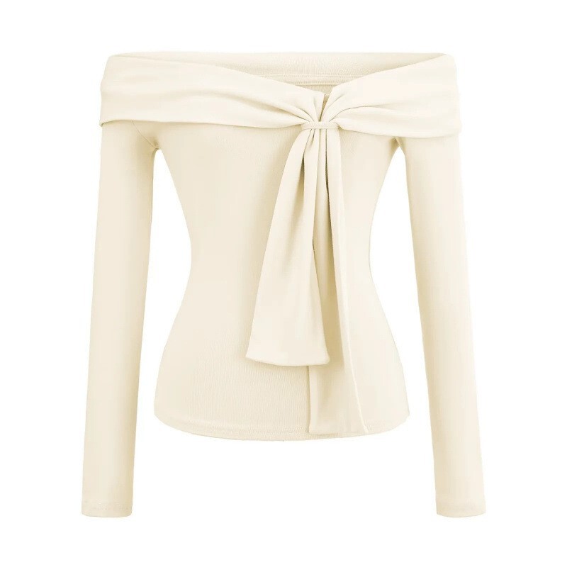 French-style gentle one-shoulder long-sleeve T-shirt with ribbons for women, autumn design, unique and slimming, off-shoulder top for trendy girls French-style gentle one-shoulder long-sleeve T-shirt with ribbons for women, autumn design, unique and slimming, off-shoulder top for trendy girls