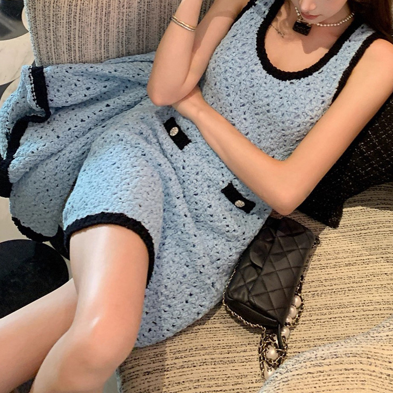 Paris Fengshenlan 25Chan*L Runway Style Color-Blocked Hollow-Out Knit Chanel-Style Cardigan Dress Set