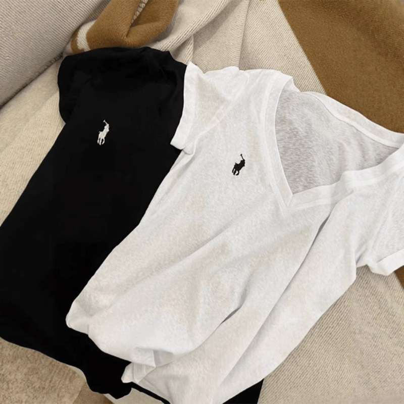 [Snowflake Cotton + Back Collar] New Spring and Summer Pony Embroidered V Neck Casual Short Sleeve Solid Color Slimming Commuting Style