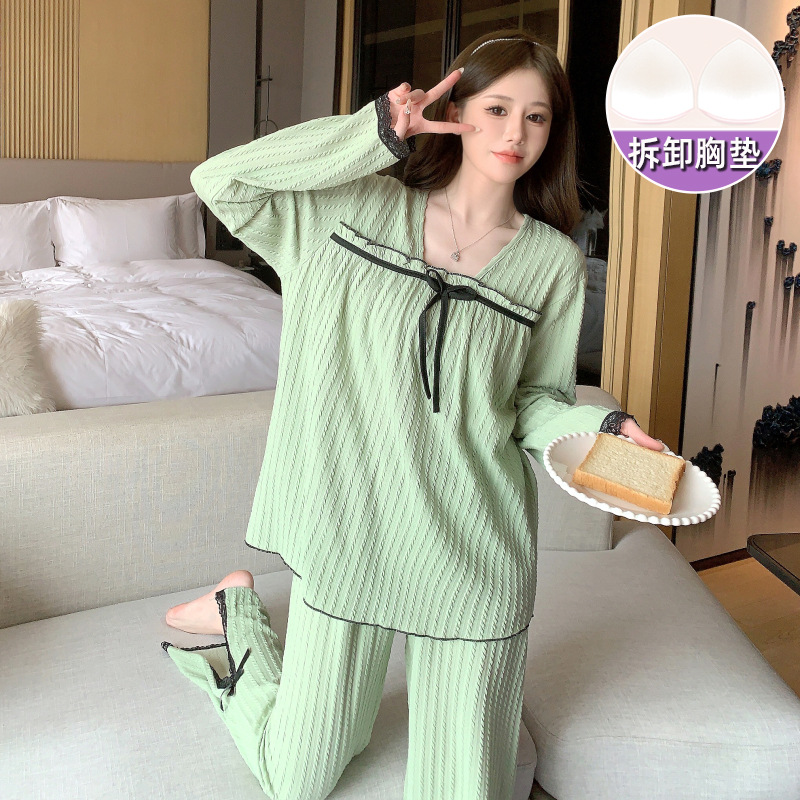 Simple verde jacquard de algodón de manga larga pijamas para mujeres primavera y otoño dulce con almohadilla en el pecho más tamaño gordito chica homewear
