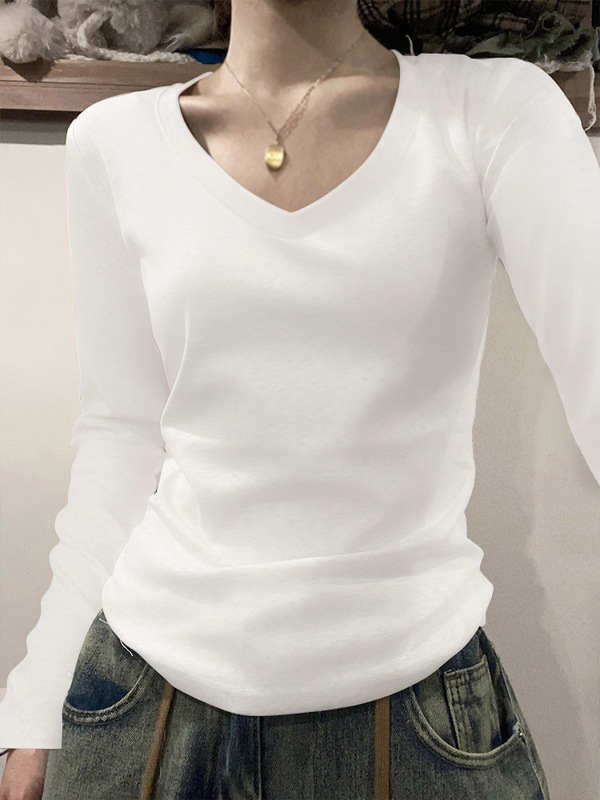 棉质圆领纯色打底衫女春秋冬新款叠穿内搭修身长袖t恤上衣女 |undefined