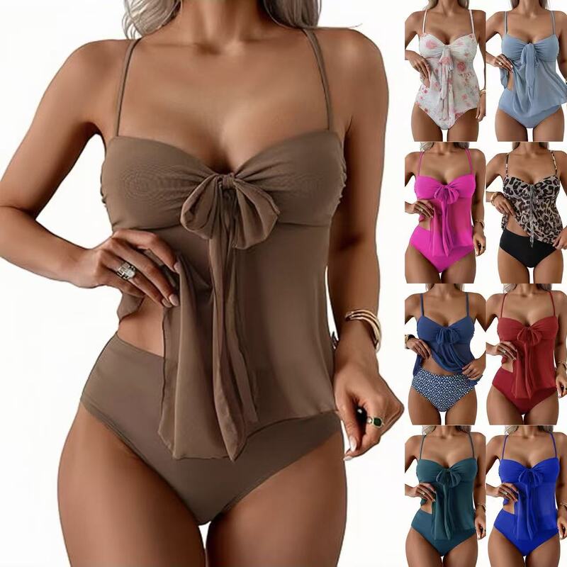 2026 European and American Cross-Border Mesh Lace-Up Two-Piece Swimsuit for Women, High-Waisted Bikini, Vacation Beachwear, New Amazon Model
