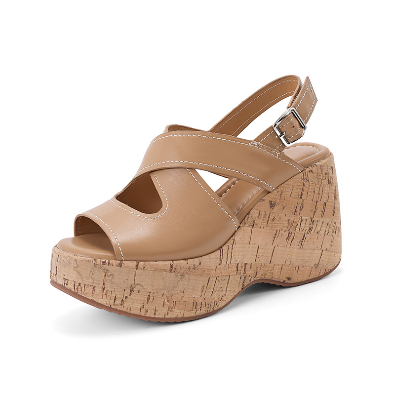 Sandal cao gót nữ hở mũi đế xuồng platform da bò thật quai chéo kiểu La Mã — màu đen, màu nâu nhạt