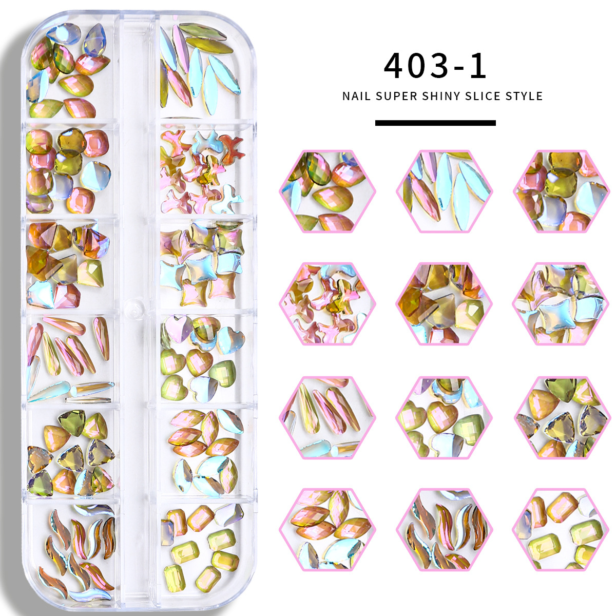 Set de joyas de uñas 12 barras de joyas taladro de uñas largo taladro de fondo plano mezclado taladro de forma especial superbrillante accesorios de uñas