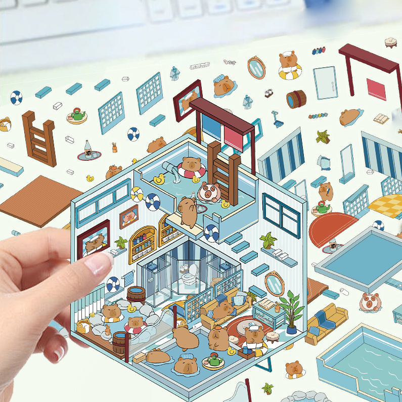 漫画造園ステッカー、さまざまなミニチュア世界 3D キャビン、リトルレッドブック減圧 DIY シーンハンドブックステッカー卸売 PET|undefined